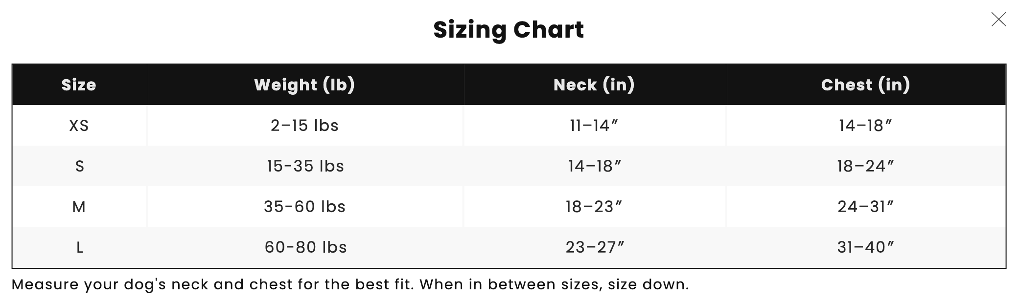 Harness size guide with neck and chest measurements