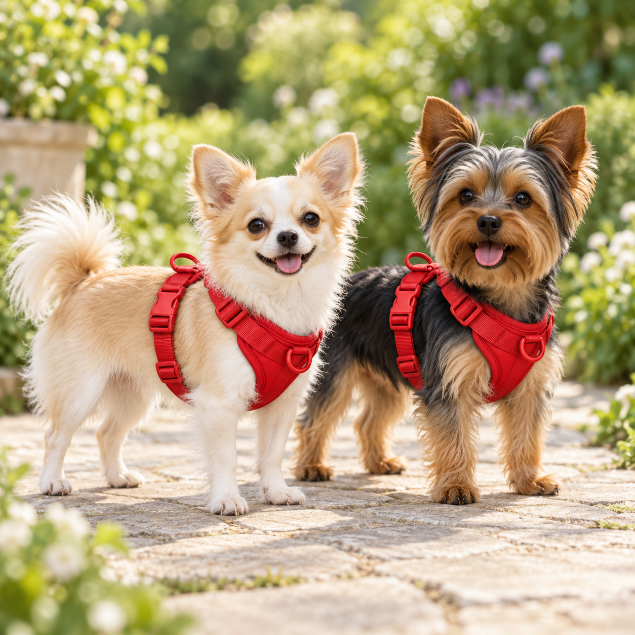 Chihuahua and Yorkshire terrier wearing red harnesses
