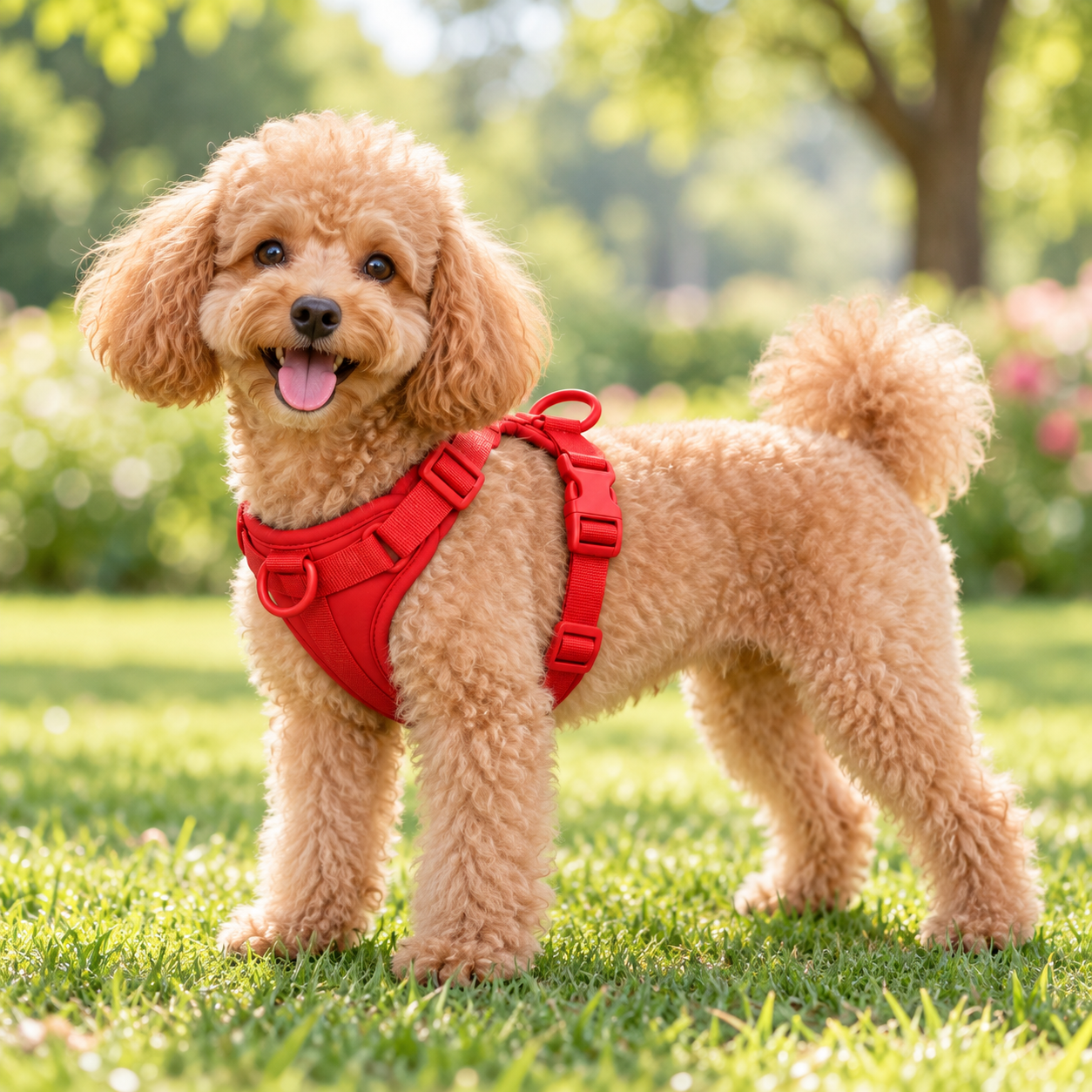 Apricot toy poodle wearing a red Small Dog Harness on a park walk